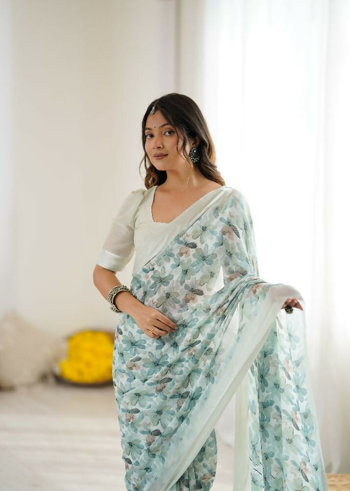 PR Fashion See_Green Bright Moss Satin Patta Printed Saree | Grocsy