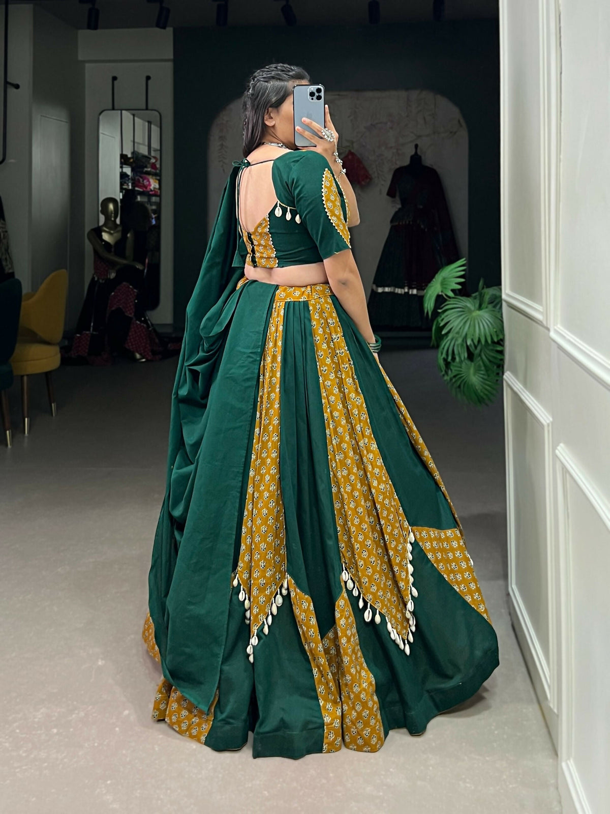 Vastranavya Navaratri Special Pure Cotton Printed With Cowrie (Kodi) Lace Touch Up Lehenga with Stitched Blouse - Green | Grocsy
