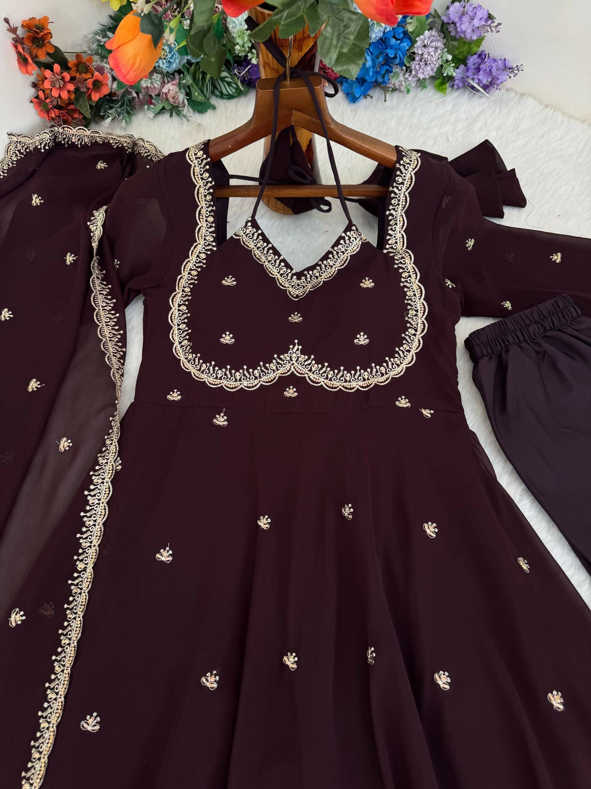 Teeya Creation Womens New Fancy Fox Georgette Heavy Quality Fabric With Handwork Brown Gown Set | Grocsy