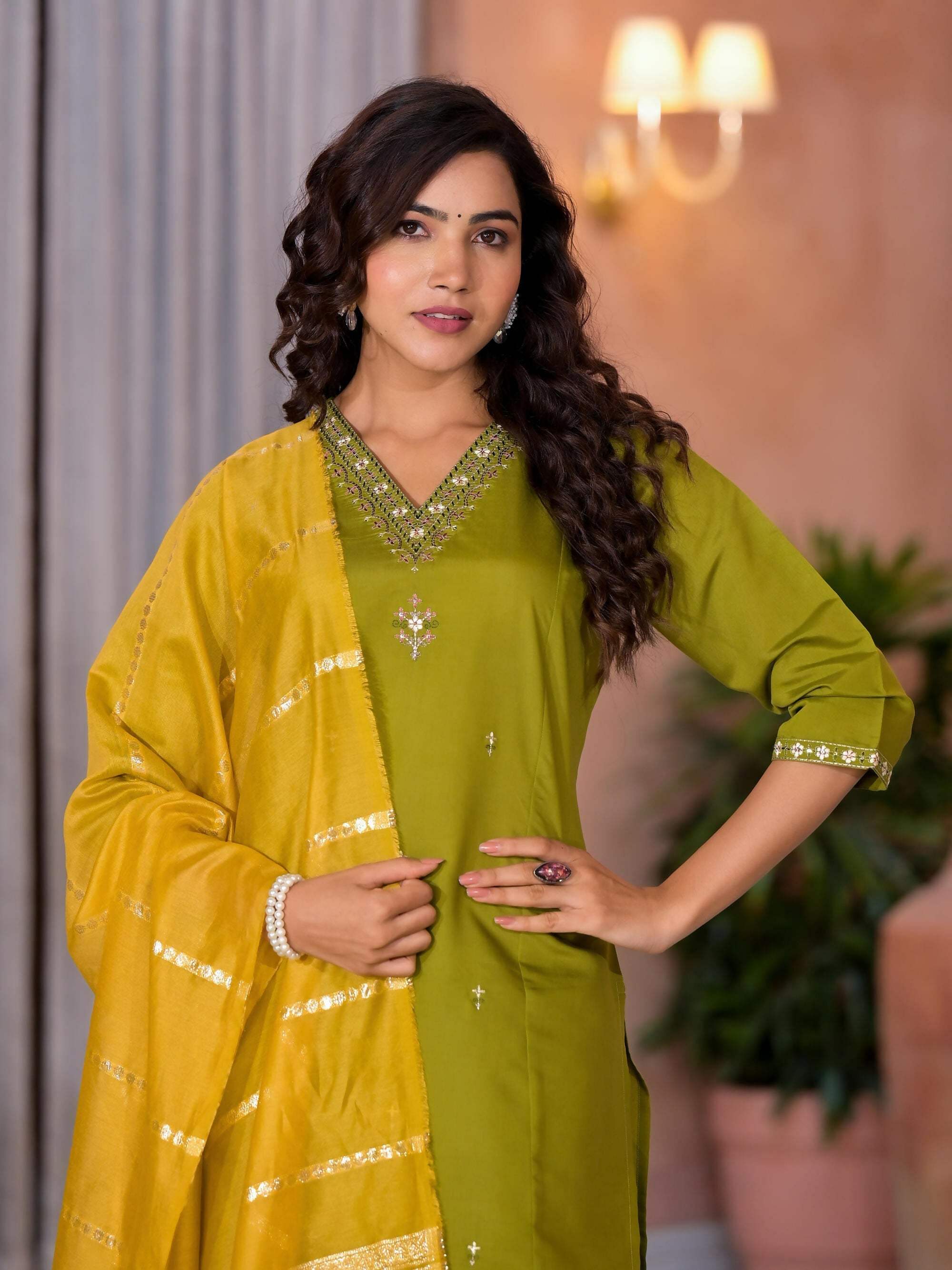 Juniper Women's Green Zari & Thread Work Embroidered Viscose Kurta Pant And Dupatta Set | Grocsy