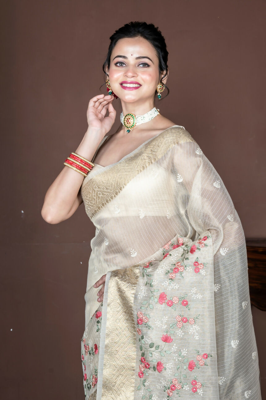 Morchari Beige Banarasi Tissue Computer Embroidery Saree Unstitched Blouse | Grocsy