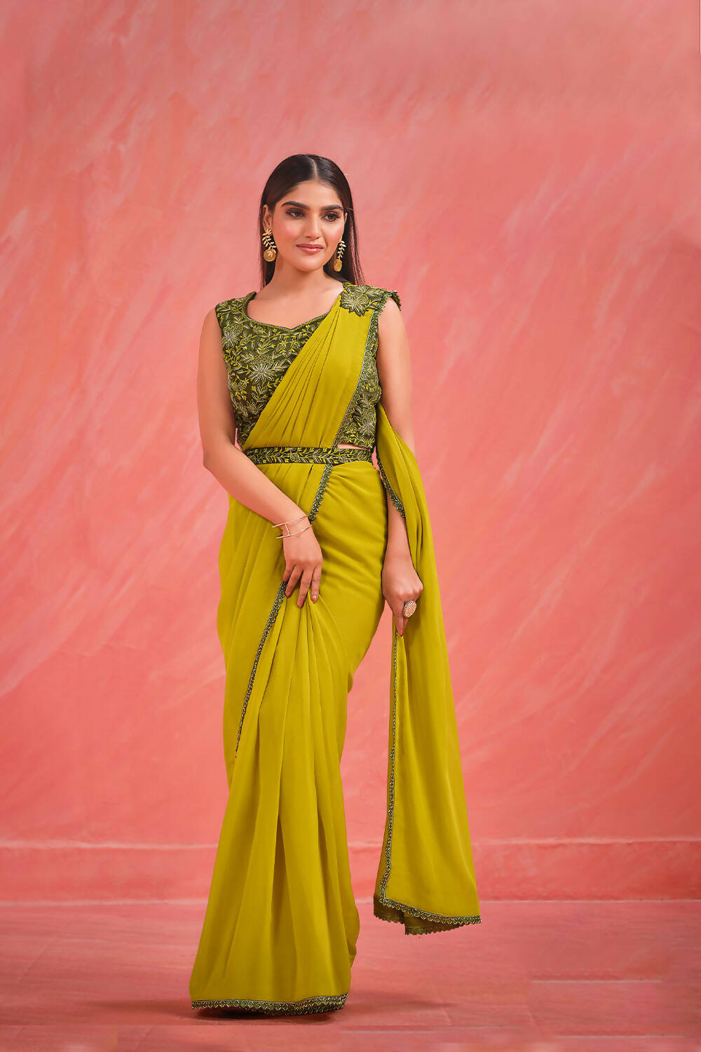 Green Georgette Thread, Jari & Kardana Handwork Saree With Stitched Blouse - Mohmanthan Elegancia | Grocsy