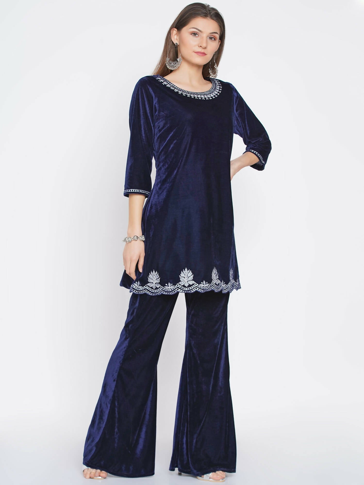 Women Republic Navy Blue Velvet Embroidered Kurta With Bellbottom Pants | Grocsy