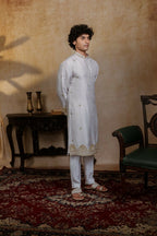 Falling Raw Silk White Mandala Kurta Set By Hilo Design | Grocsy