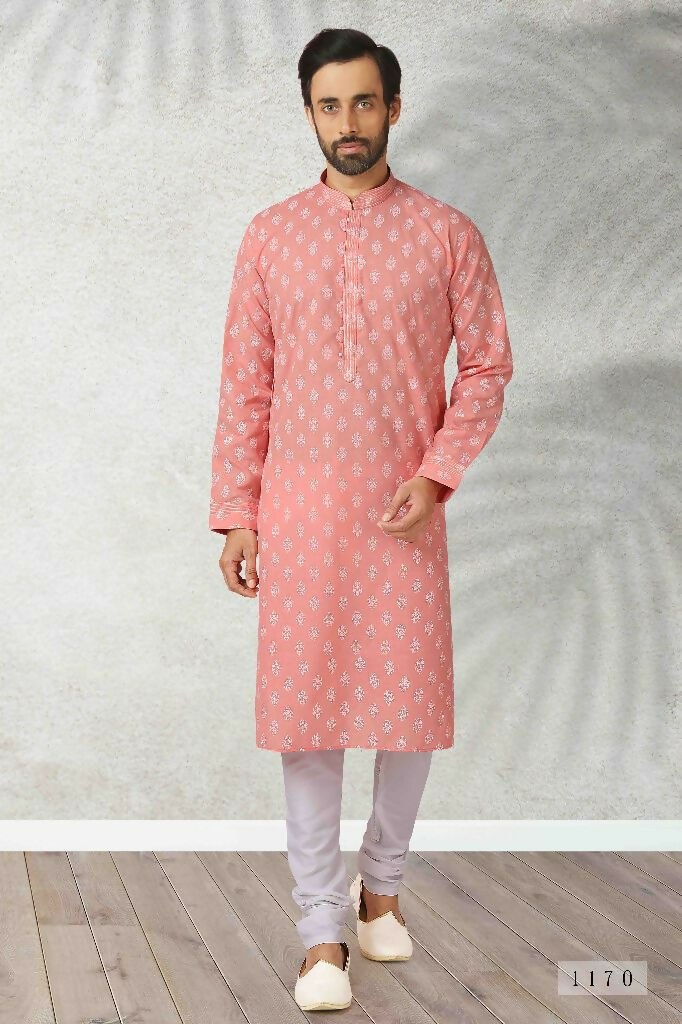 Raivat Ethnic Cotton Printed Work Kurta Pajama In Pink Colour | Grocsy