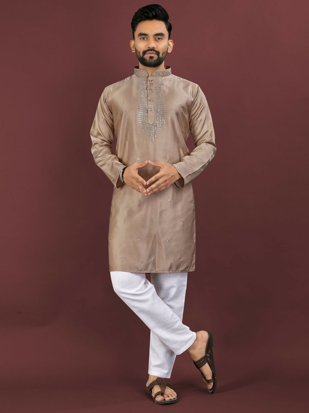 Anaita Brown Embroidered Silk Straight Kurta | Grocsy