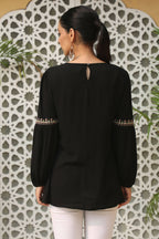 Juniper Women's Black Rayon Crepe Solid With Embroidery Straight Tunic | Grocsy
