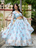 Women’s Semi-Stitched Sky Blue Star Georgette Zari Sequence Embroidery Digital Printed Work Lehenga Choli With Star Georgette Dupatta-Jihu Culture | Grocsy