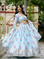 Women’s Semi-Stitched Sky Blue Star Georgette Zari Sequence Embroidery Digital Printed Work Lehenga Choli With Star Georgette Dupatta-Jihu Culture | Grocsy