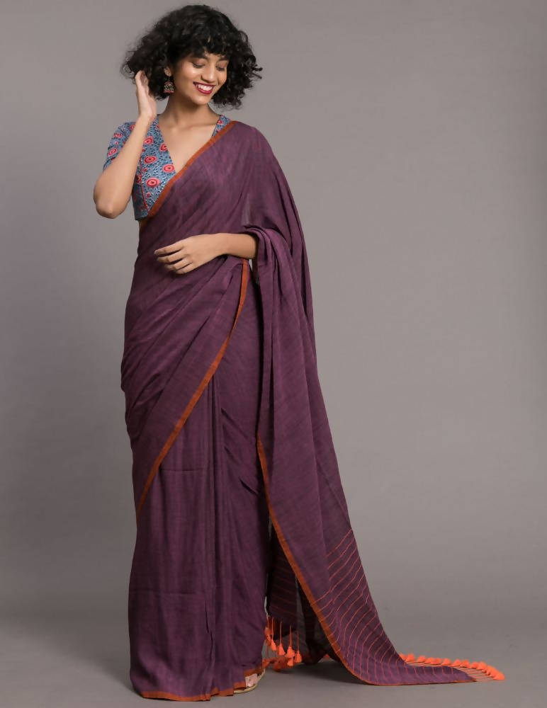 Suta Purple Orange Solid Cotton Blend Saree | Grocsy