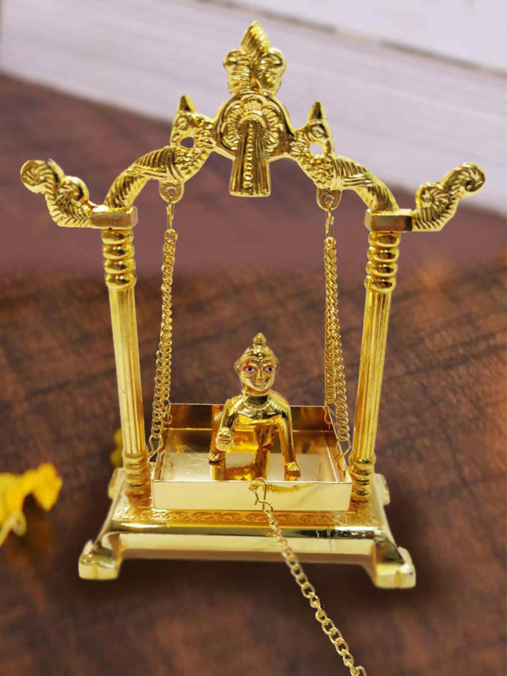 CraftVatika Gold Toned Aluminium Swing Jhula With Ladoo Gopal | Grocsy