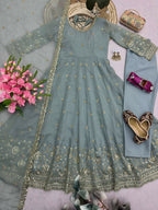 Teeya Creation Elegant Grey Embroidered Anarkali Kurta Set With Mirror Work Dupatta | Grocsy