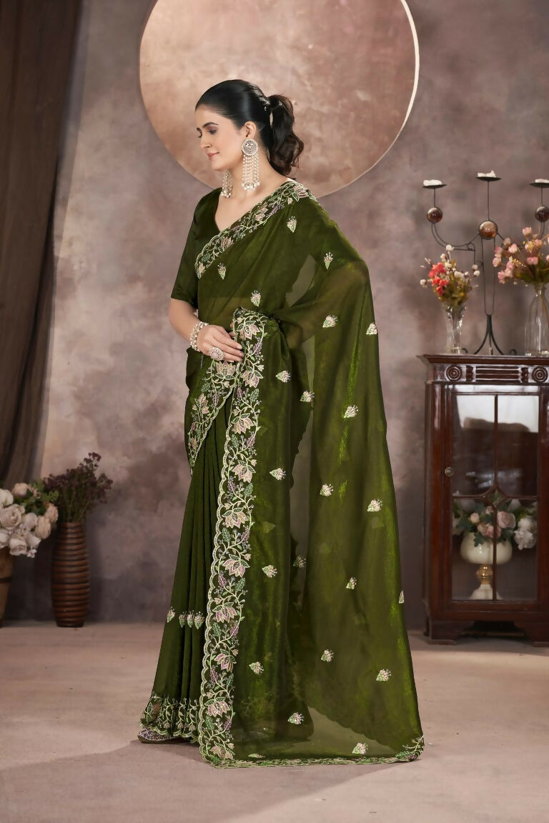 Vastranavya Gold Crunchy Multi Colour Threads Embroidery Work with Sequins Work Saree with Blouse material - Mehendi | Grocsy