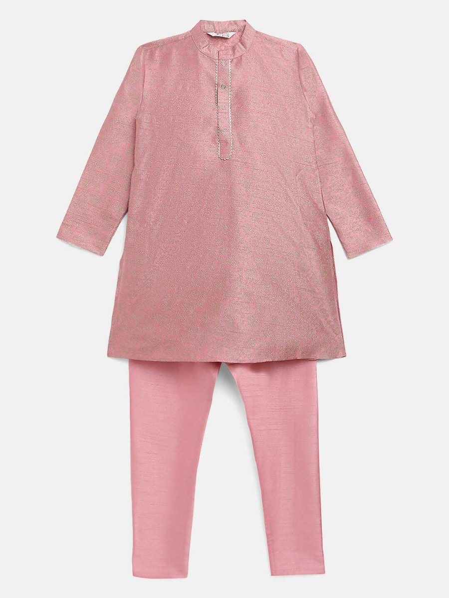 Ahalyaa Rose Gold Poly Silk Gold Print Kids Kurta Churidar Set For Boys | Grocsy