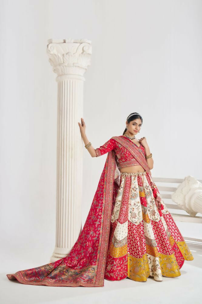 Kesar Fab White Banarasi Silk Embroidered Lehenga | Grocsy