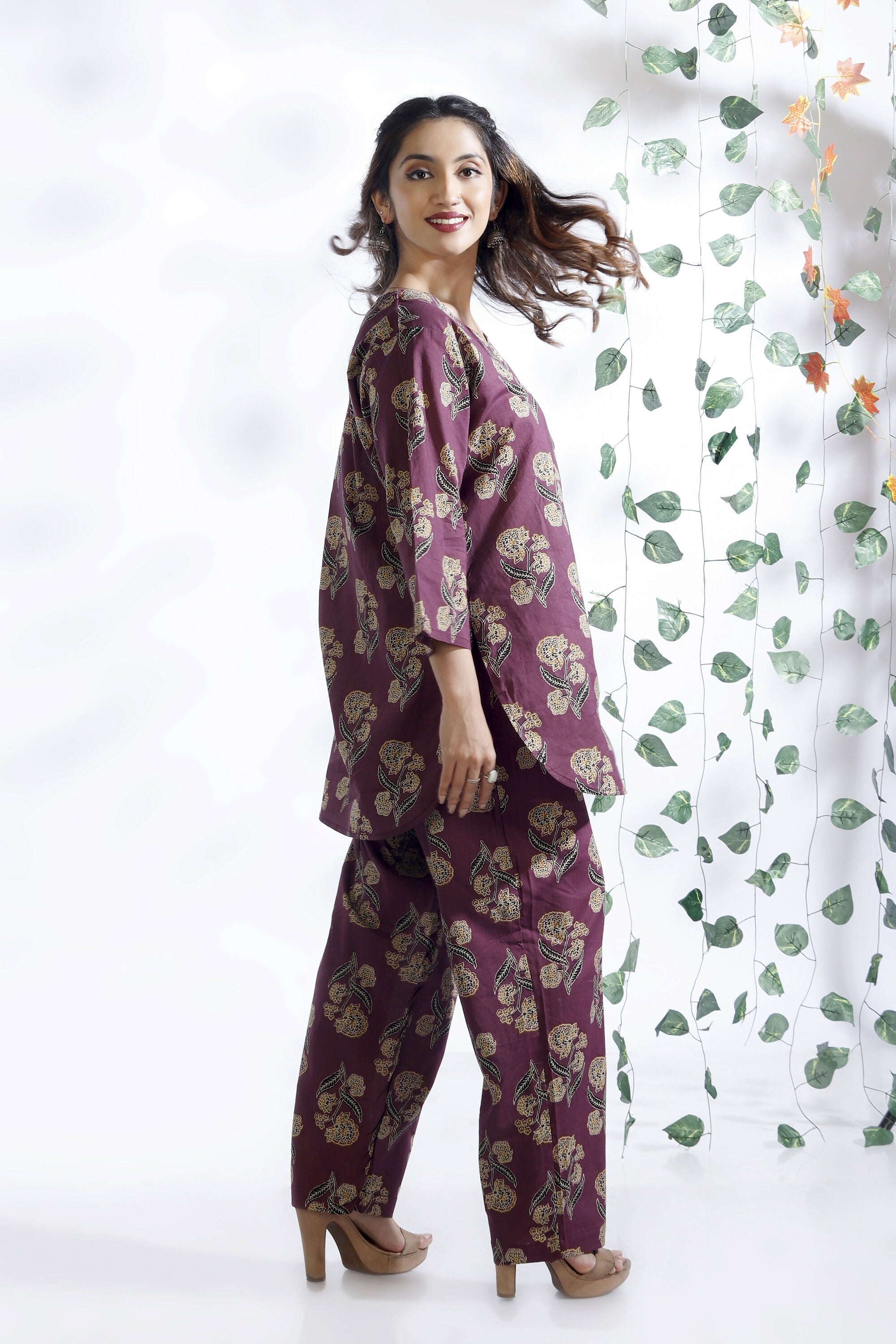 Breathables Wine Butta Cotton Co-Ord Set – Kurta With Straight Pants | Grocsy