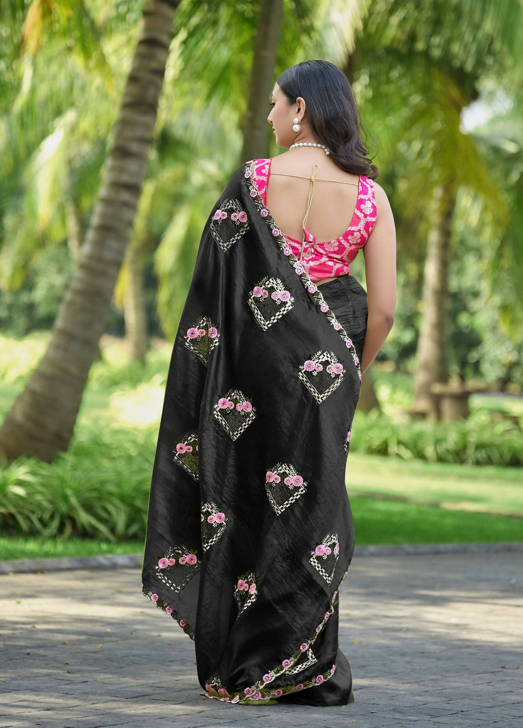 Teeya Creation Black Color Pure Paper Silk Heavy Embroidery Work Wedding Wear Saree | Grocsy