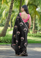 Teeya Creation Black Color Pure Paper Silk Heavy Embroidery Work Wedding Wear Saree | Grocsy
