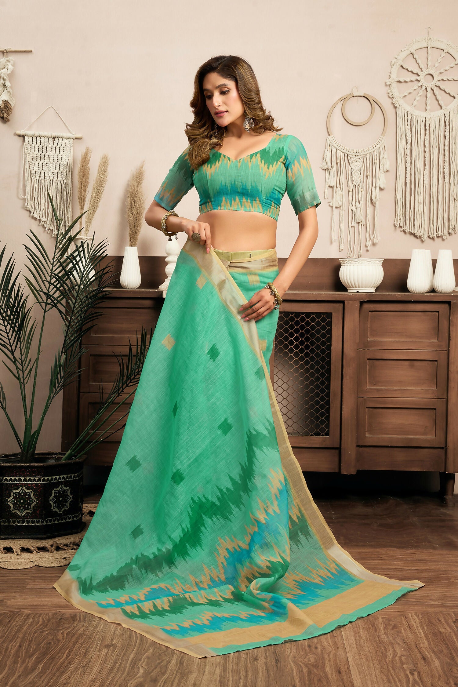 Joban Fashion Teal Green Ikkat Linen Ready To Wear Saree With Unstitched Blouse | Grocsy