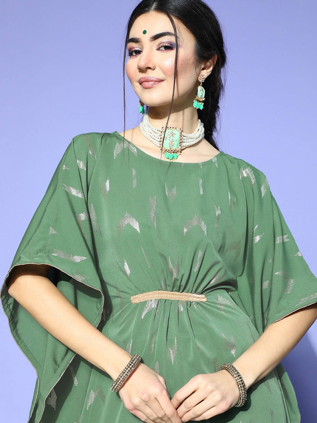 Janasya Women Green Geometric New Age Kaftan Kurta | Grocsy