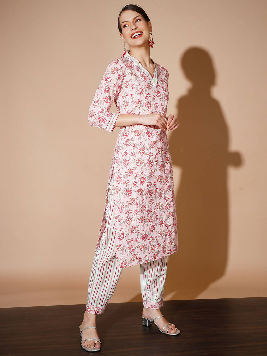 Myshka Women Pink Floral Kurta & Trousers | Grocsy