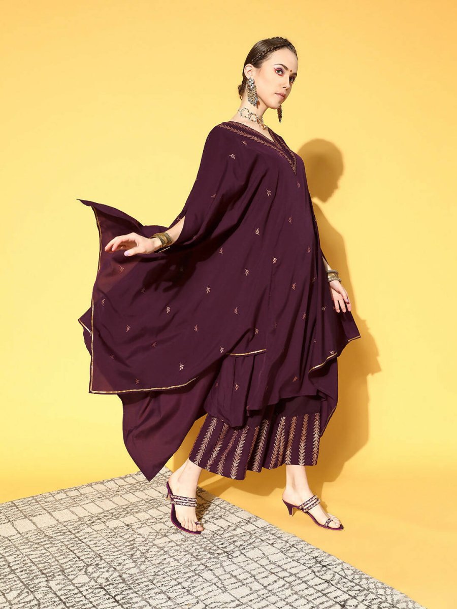 Ahalyaa Women Wine Colour Crepe Gold Glitter Print Kurta Palazzo Set | Grocsy