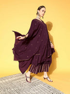 Ahalyaa Women Wine Colour Crepe Gold Glitter Print Kurta Palazzo Set | Grocsy