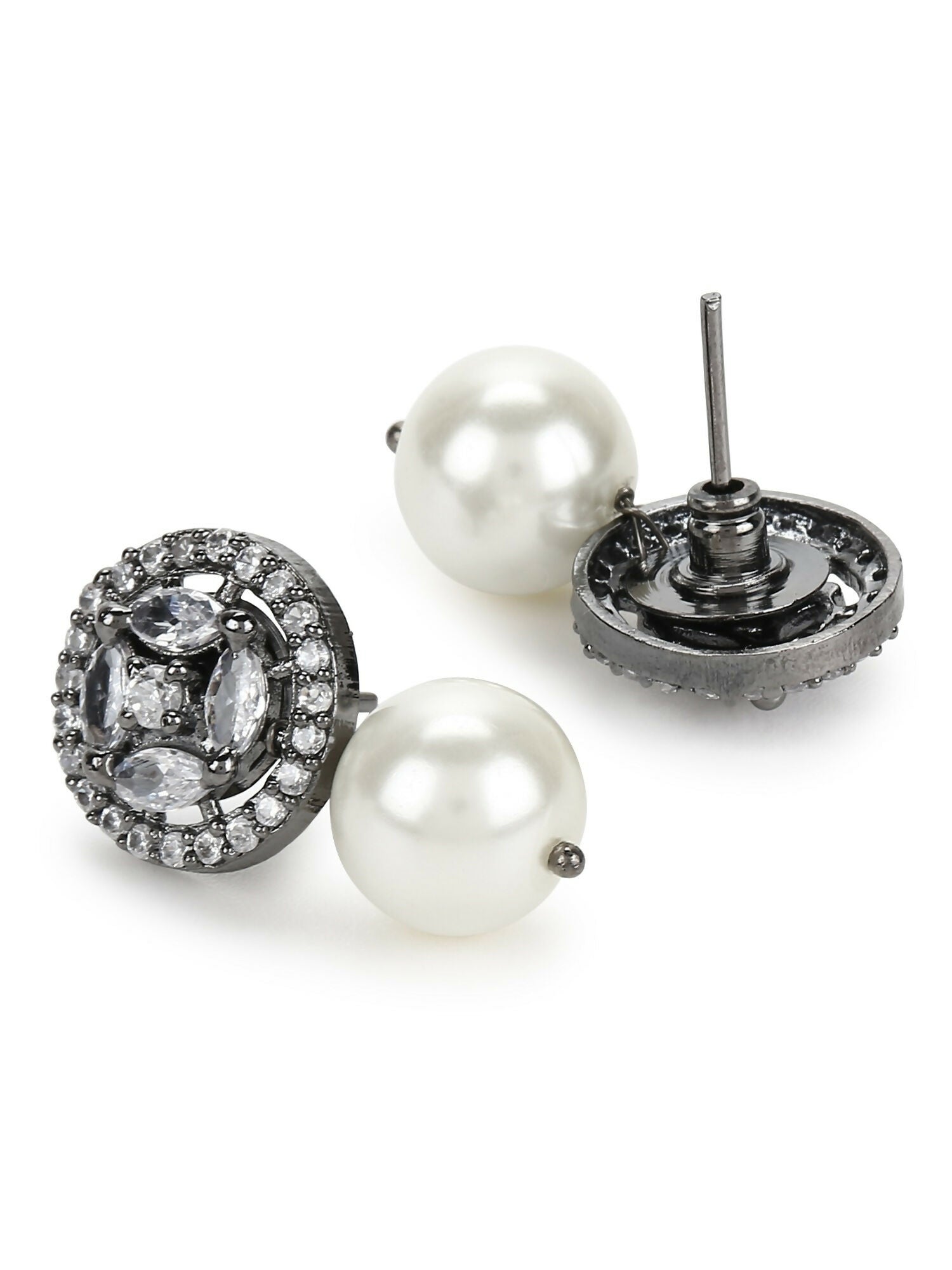 Pearl Stone Earrings in Silver Tone- Ruby Raang