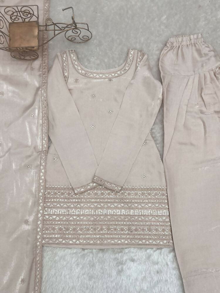 Teeya Creation Beige Silk Embroidered Kurta Salwar Suit Set With Dupatta | Grocsy