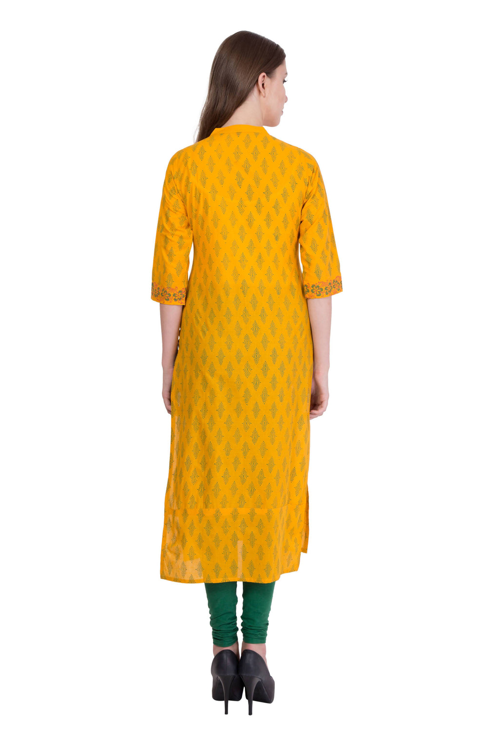 Cheera Hand Block Print Mustard Straight Kurta (MAAI-059K) | Grocsy