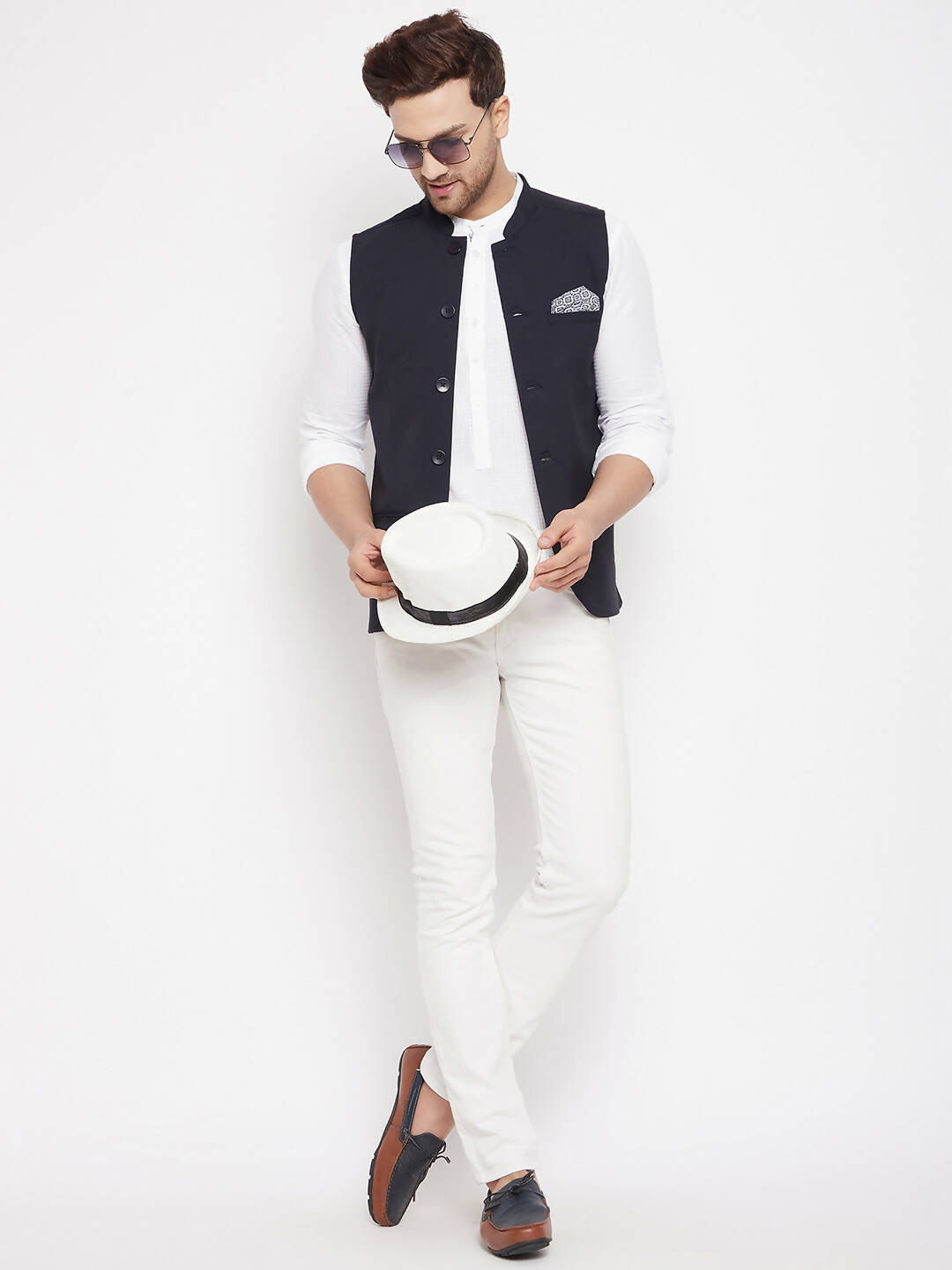 Even Apparels Navy Merino Men's Nehru Jacket-Contrast Lining-Inbuilt Pocket Square | Grocsy