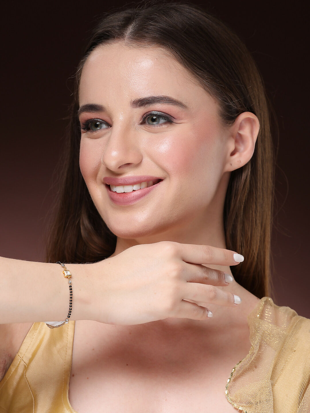 NVR Women Gold-Polished & Black Brass Stone-Studded Hand Mangalsutra Link Bracelet | Grocsy