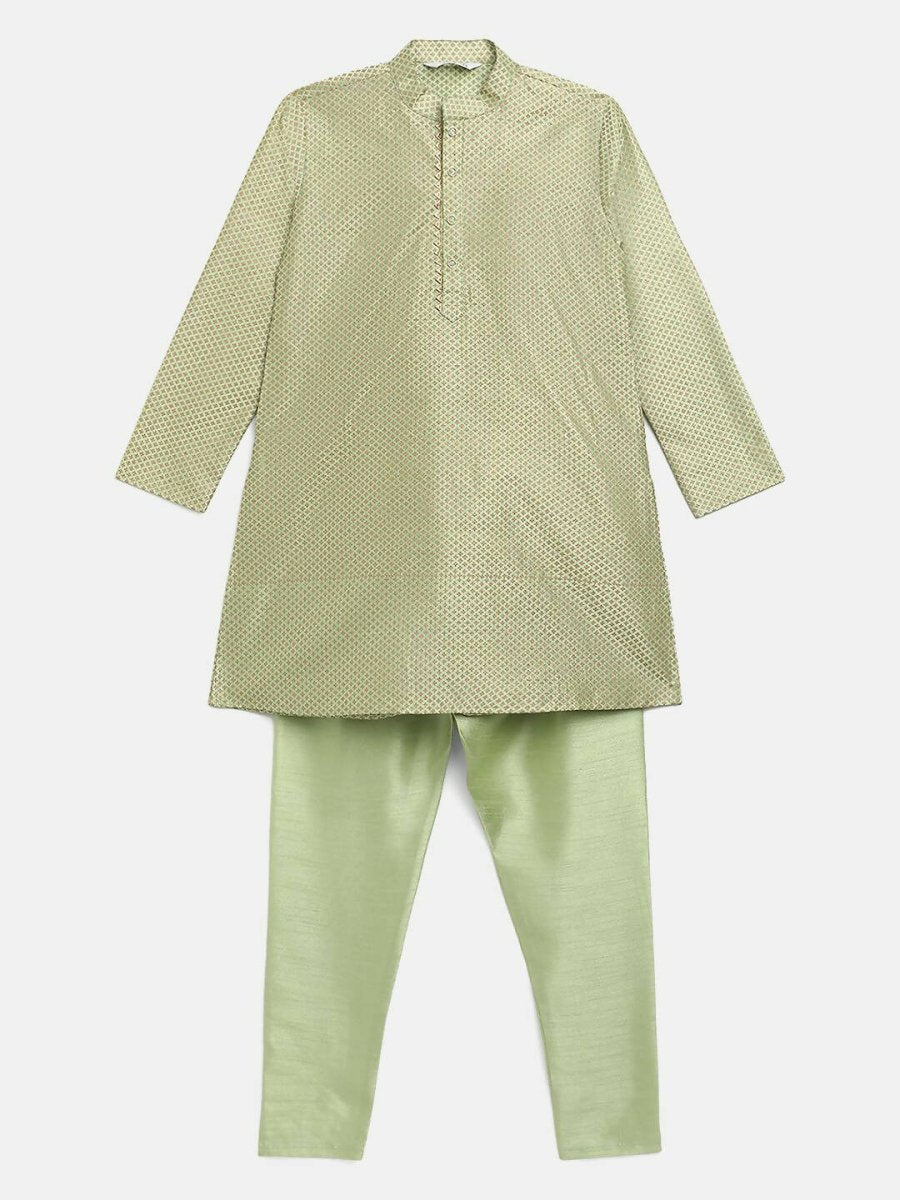 Ahalyaa Green Poly Silk Gold Print Kids Kurta Churidar Set For Boys | Grocsy