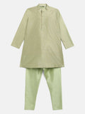 Ahalyaa Green Poly Silk Gold Print Kids Kurta Churidar Set For Boys | Grocsy