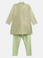 Ahalyaa Green Poly Silk Gold Print Kids Kurta Churidar Set For Boys | Grocsy