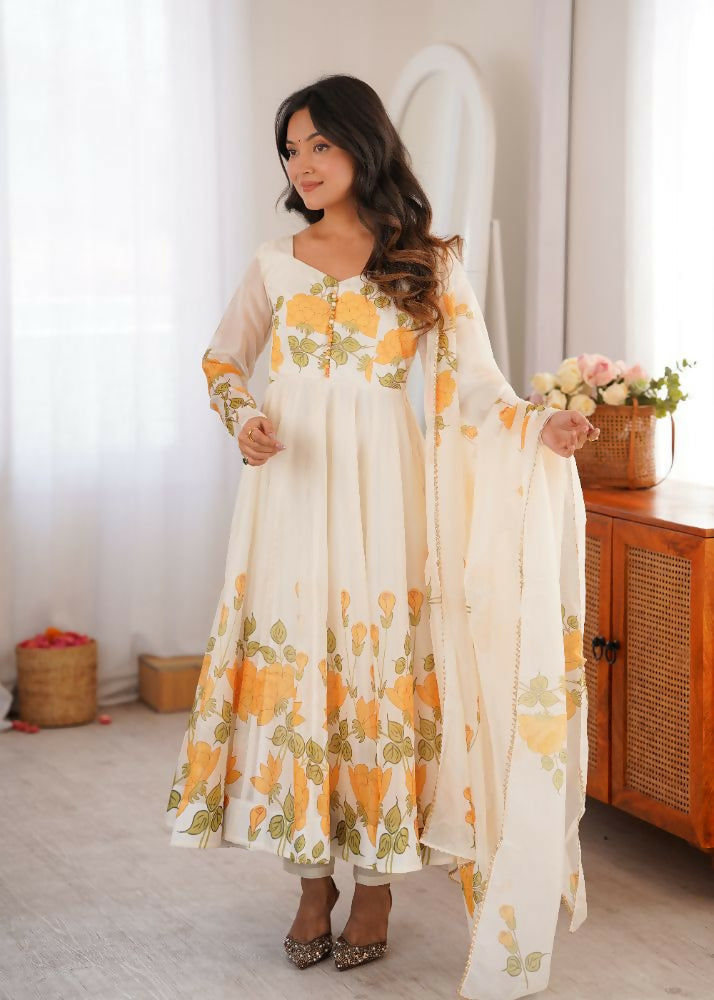 Teeya Creation Off-White Floral Anarkali Salwar Kameez Suit Set | Grocsy