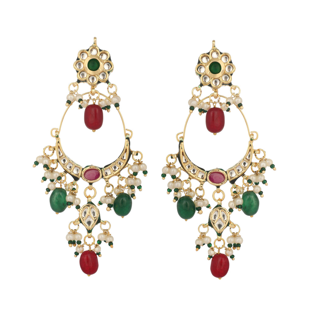 Nuyug 22K Gold Plated Crescent Kundan Drop Red Stone Chandbali Earrings | Grocsy