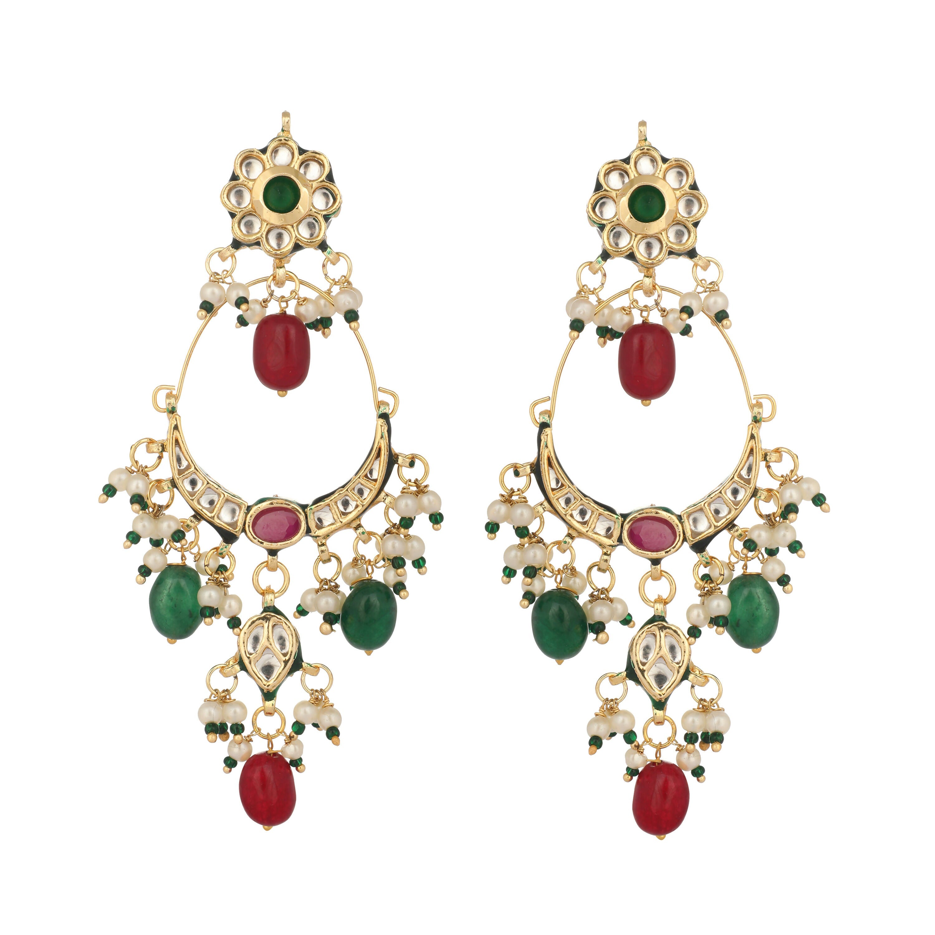 Nuyug 22K Gold Plated Crescent Kundan Drop Red Stone Chandbali Earrings | Grocsy