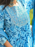 Yufta Women Blue Floral print Pure Cotton Anarkali Kurta with Trouser and Dupatta | Grocsy