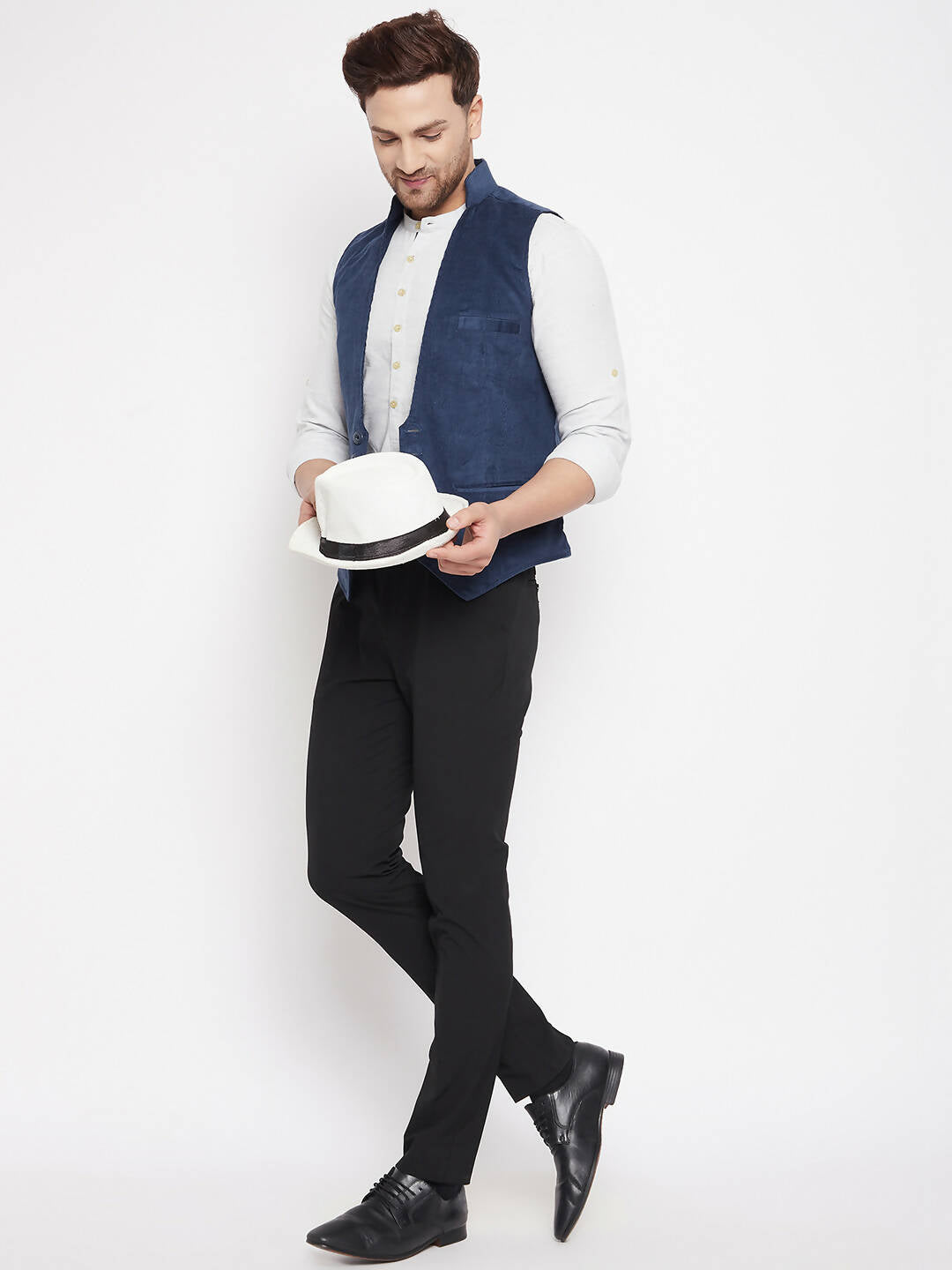 Even Apparels Blue Merino Men Woven Nehru Jacket | Grocsy