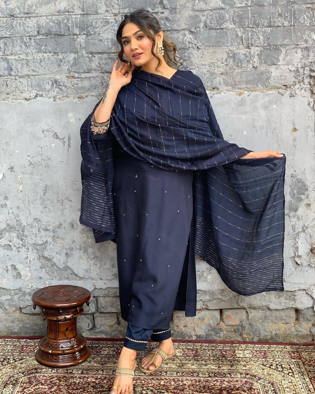 The52 Blue Women's Gorgeous Embroidered Viscose Chanderi Fabric Straight Kurta Pant with Dupatta Set | Grocsy