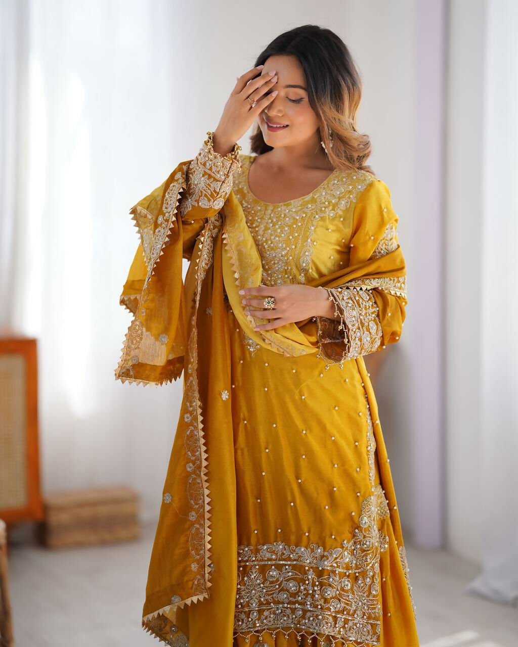 The52 Women's Beautiful Chinon silk Fabric Embroidery Work Straight Kurta Palazzo and Dupatta Set | Grocsy