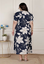 Miravan Womens Plus Size Blue Flower Printed Puff Sleeve Cotton Butterfly Maxi Dress | Grocsy