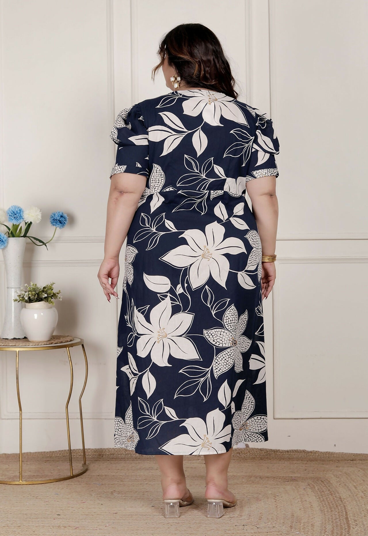Miravan Womens Plus Size Blue Flower Printed Puff Sleeve Cotton Butterfly Maxi Dress | Grocsy