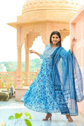 Yufta Women Blue Floral print Pure Cotton Anarkali Kurta with Trouser and Dupatta | Grocsy