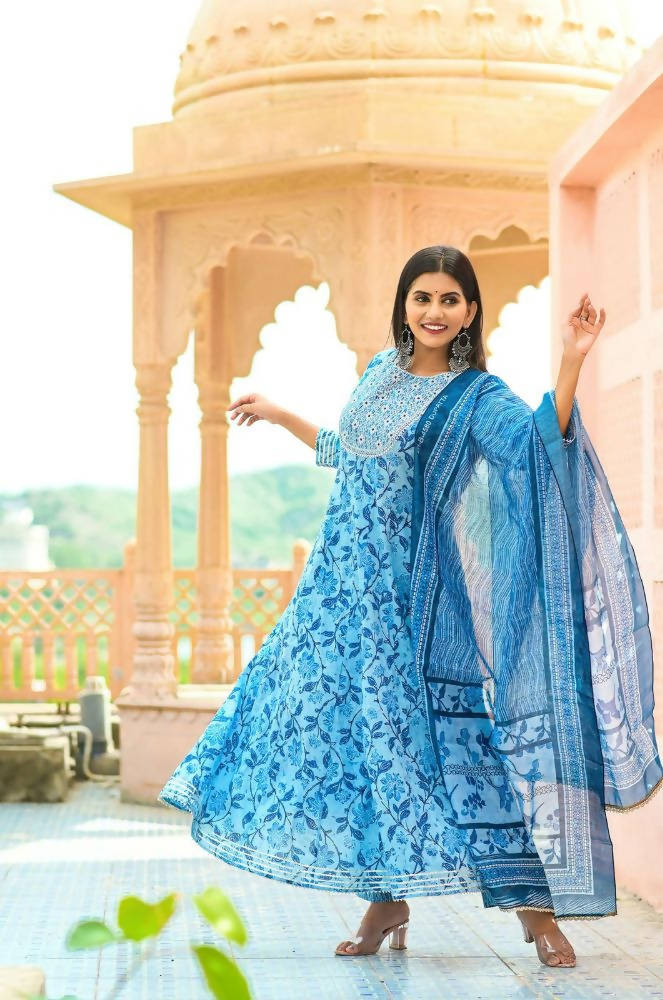 Yufta Women Blue Floral print Pure Cotton Anarkali Kurta with Trouser and Dupatta | Grocsy