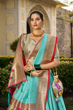 Vastranavya Traditional Jacquard Silk Paithani Lehenga Choli - Sky Blue | Grocsy