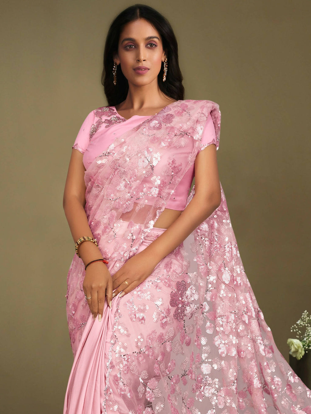 Pink Crepe Lycra Sequence Embroidered Saree With Stitched Blouse - Mohmanthan La Belle | Grocsy