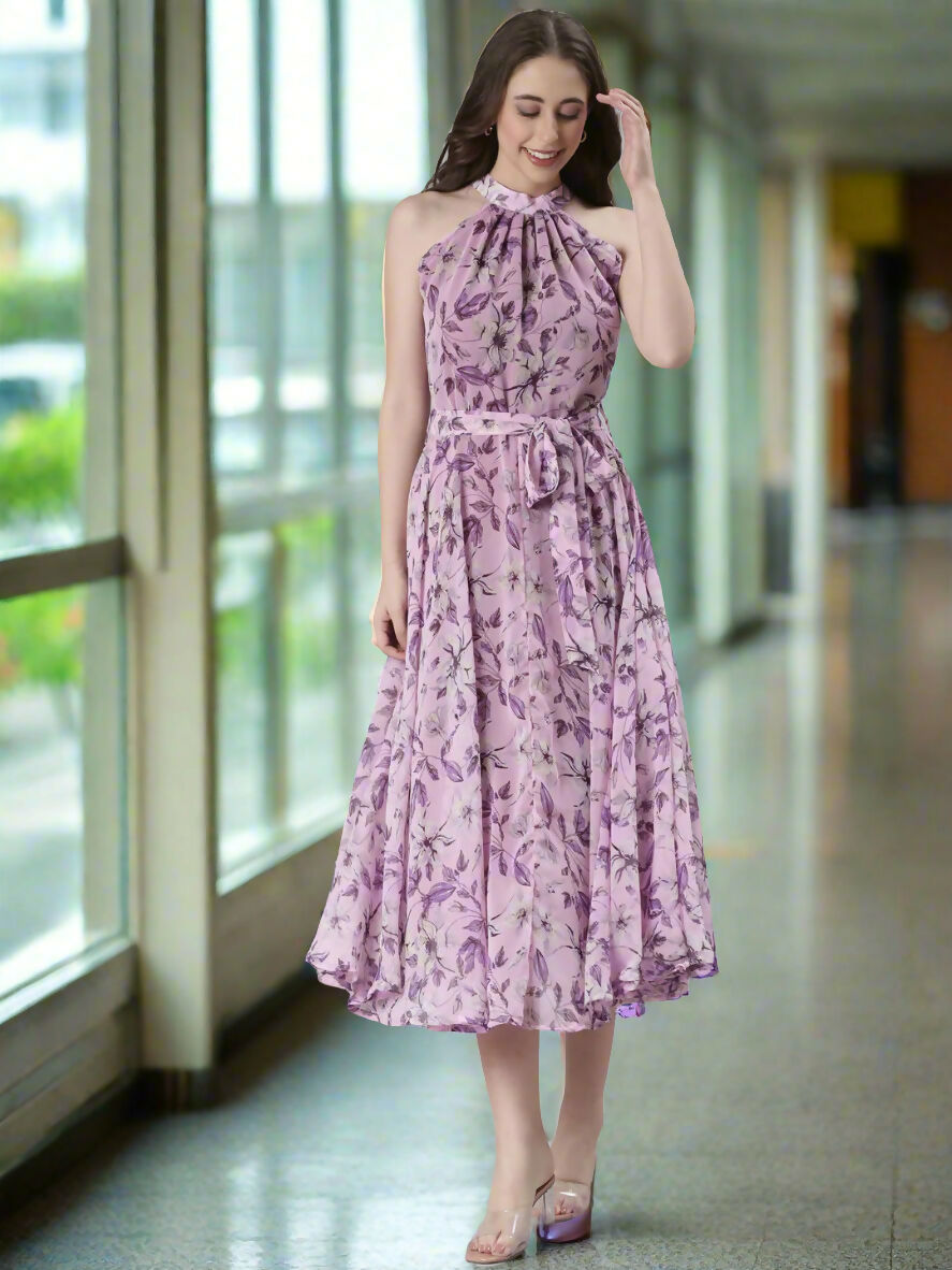Souchii Lavender Floral Chiffon Dress -Souchii | Grocsy