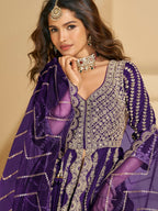 Anaita Violet Chinon Readymade Anarkali Lehenga with Heavy Embroidery Work | Grocsy